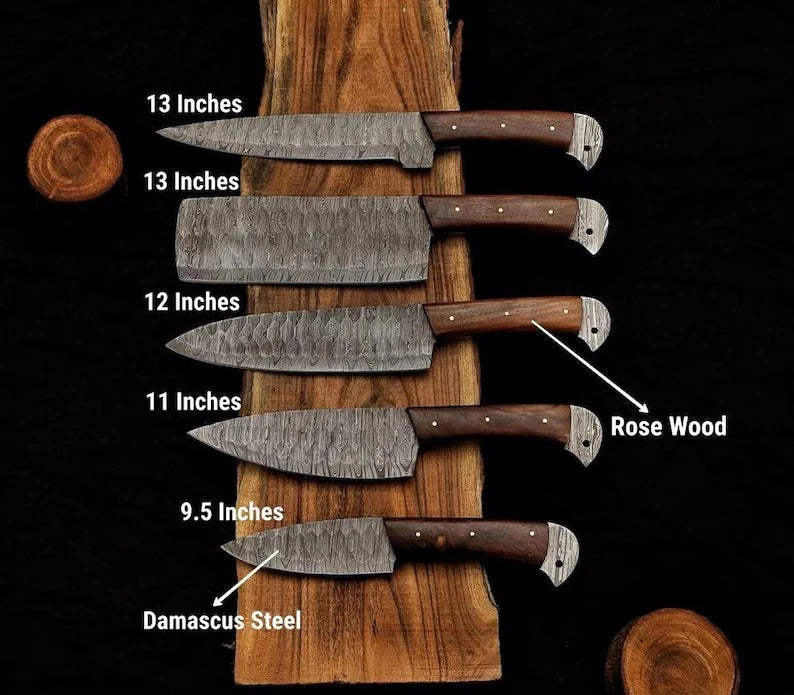 Handmade Damascus Chef set Of 5pcs With Leather,Damascus Knife Set,Damascus Chef Knife,Full Kitchen Knife Set,Damascus Chef Set,Wedding Gift