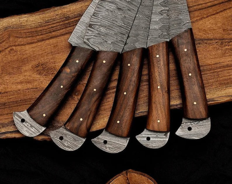 Handmade Damascus Chef set Of 5pcs With Leather,Damascus Knife Set,Damascus Chef Knife,Full Kitchen Knife Set,Damascus Chef Set,Wedding Gift