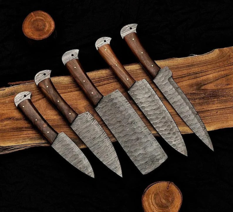 Handmade Damascus Chef set Of 5pcs With Leather,Damascus Knife Set,Damascus Chef Knife,Full Kitchen Knife Set,Damascus Chef Set,Wedding Gift