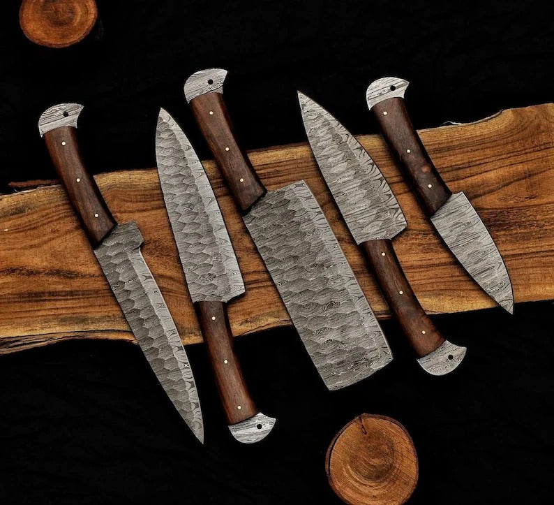 Handmade Damascus Chef set Of 5pcs With Leather,Damascus Knife Set,Damascus Chef Knife,Full Kitchen Knife Set,Damascus Chef Set,Wedding Gift